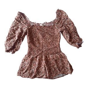 Max Studio Pink and Orange Puff Sleeve Peplum Blouse